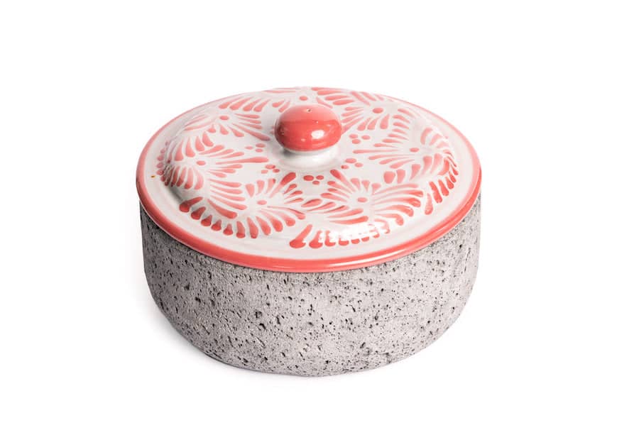 RosaVolcán Tortillero: 8-inch Volcanic Stone Keeper with Delicate Pink Talavera Lid