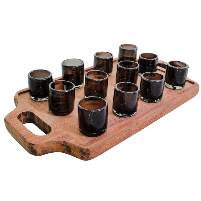 Set of 12 Blowned Glass "Vidrio Soplado" Tequila Shots with wooden tray included 1 Oz