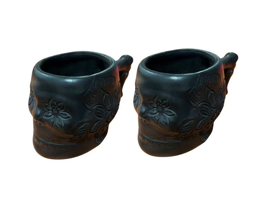 Set of 2 Handmade Oaxacan Black Clay Catrina Mugs 14 oz each