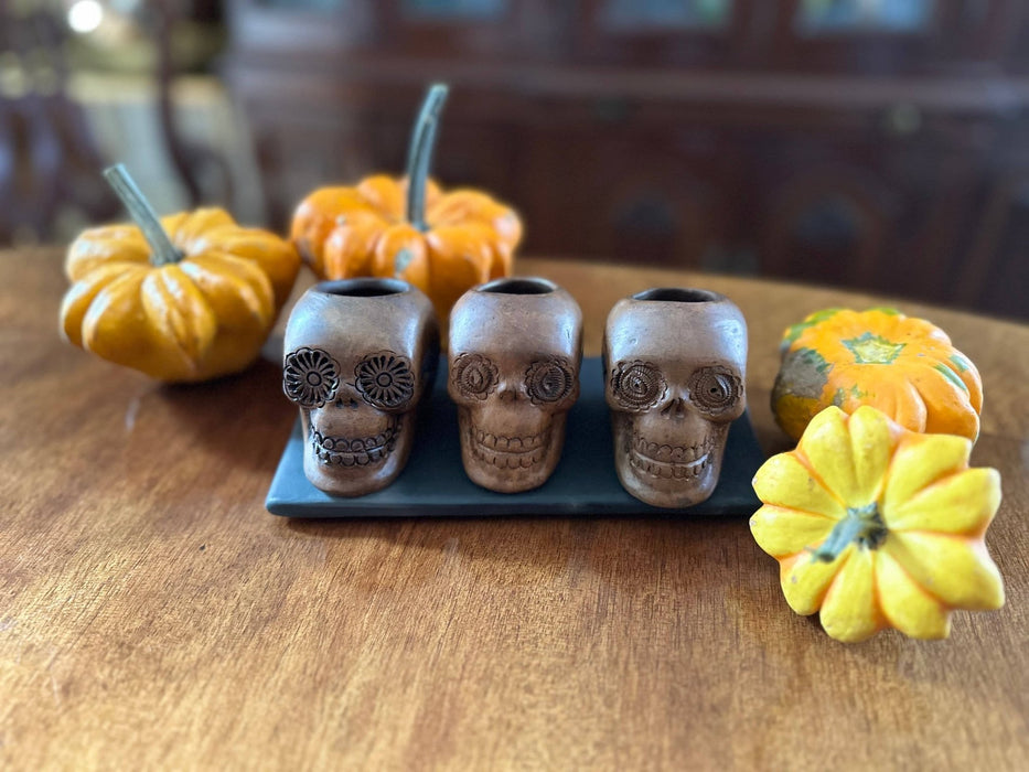 Set of 3 Black Clay Skull Tequilero Shot Glass with Black Clay Base - CEMCUI