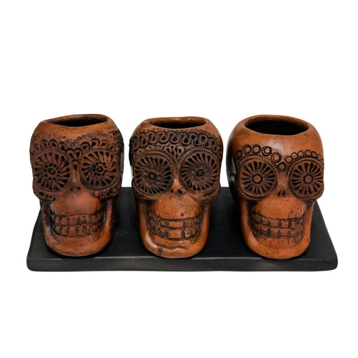 Set of 3 Black Clay Skull Tequilero Shot Glass with Black Clay Base - CEMCUI