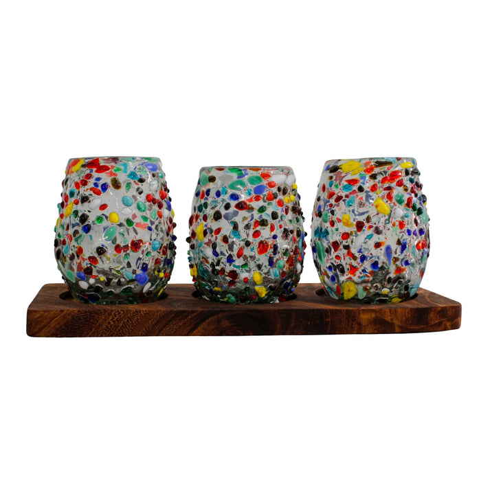 Set of 3 Handcrafted Multi-Coloured Blown Glass with Wooden Base - CEMCUI