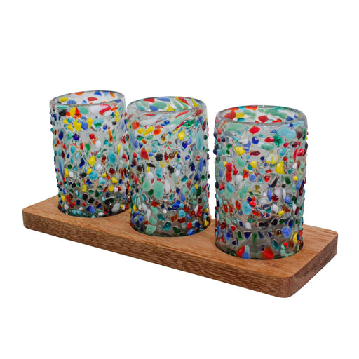 Set of 3 Handcrafted Multi-Coloured Blown Glass with wooden base - CEMCUI