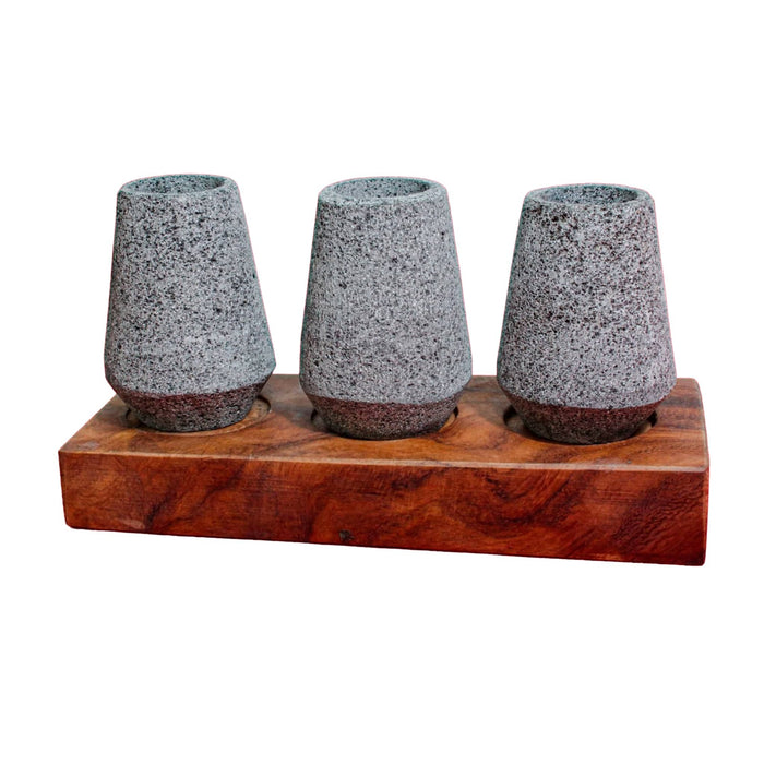 Set of 3 Mexican Tequila Shots Glasses of Volcanic Stone Caballitos Tequileros with wood base - CEMCUI