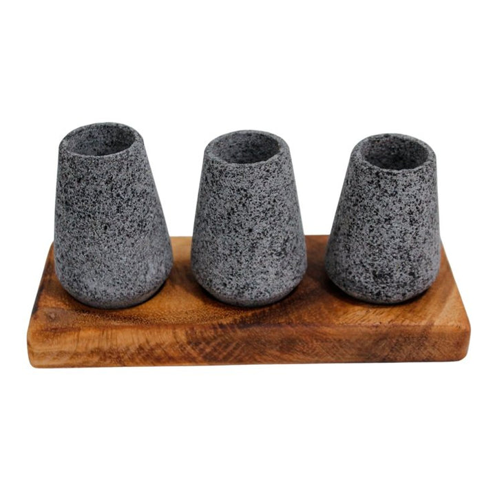 Set of 3 Mexican Tequila Shots Glasses of Volcanic Stone Caballitos Tequileros with wood base - CEMCUI