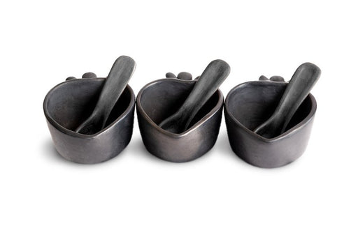 Set of 3 Salseras of Black Clay with Barro Black Clay Spoons - CEMCUI