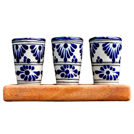 Set of 3 Talavera Tequila Glass (2 oz) with wooden base - CEMCUI