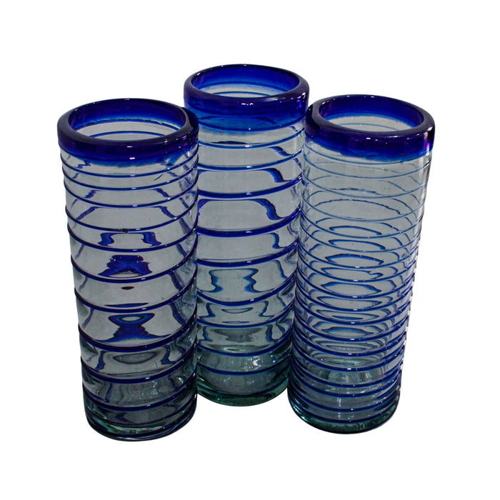 Set of 3 Tall Hand Blown Glass Cups with Blue Lines - CEMCUI