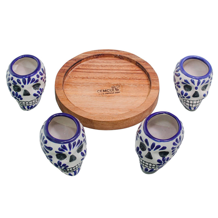 Set of 4 Tequila Skull Shot Glasses Made of Talavera with a wooden base - CEMCUI