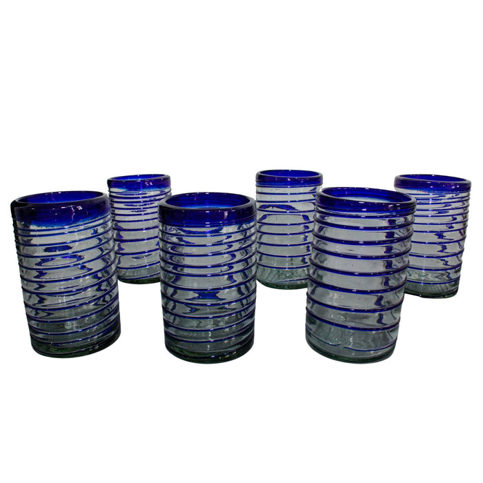 Set of 6 Hand Blown Glass Cups With Blue Lines - CEMCUI