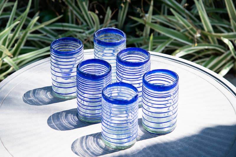 Set of 6 Hand Blown Glass Cups With Blue Lines - CEMCUI