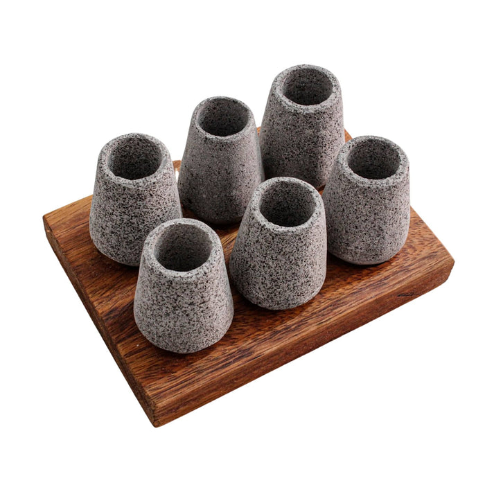 Set of 6 Tequila Shots made of Volcanic Stone with Wooden Base - CEMCUI