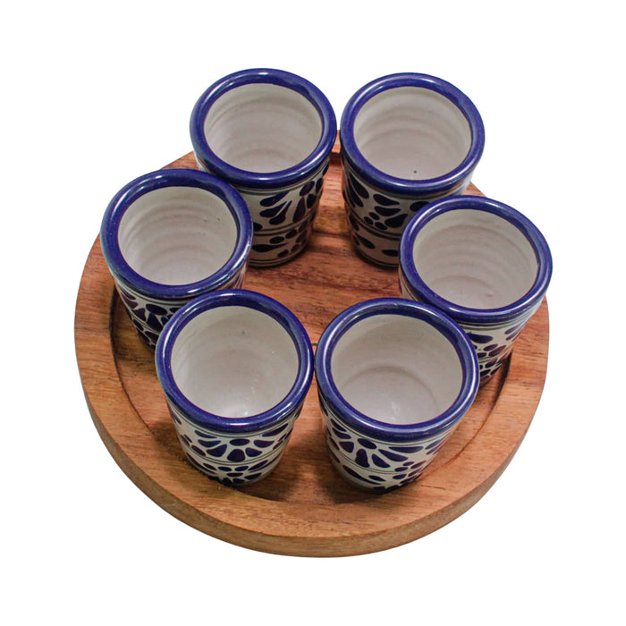Set of 6 Tequileros "Talavera" with wooden base - CEMCUI