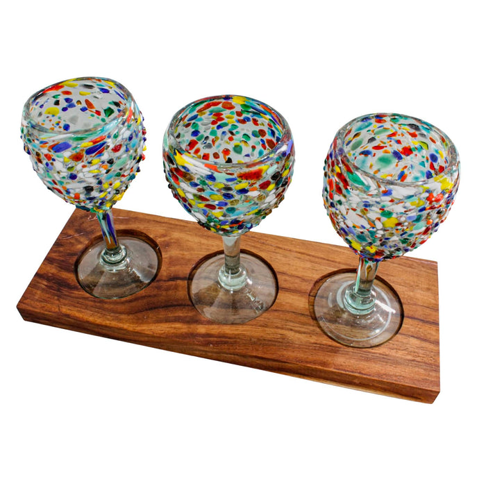 Set of Three Blowned Glass Wine Glass with Wooden Base - CEMCUI
