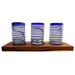 Set of Three Hand Blown Glass Cups With Blue Lines and Wooden Base - CEMCUI