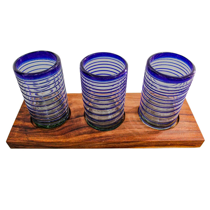 Set of Three Hand Blown Glass Cups With Blue Lines and Wooden Base - CEMCUI