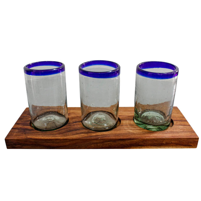 Set of Three Hand Blown Glass Cups with Wooden Base - CEMCUI