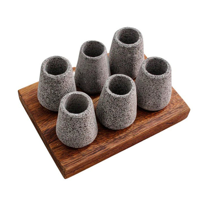 Talavera 6 Shots with Wooden Base and Volcanic Stone 6 Shots Set with wooden base - CEMCUI