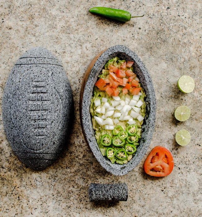"The Football Volcanic Stone Molcajete" 9 Inches with wooden base 2 in 1 - CEMCUI