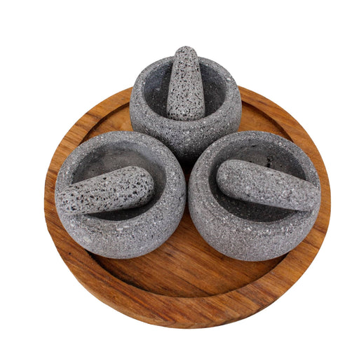 Three Volcanic Stone Salsa Pots with Wooden Base - CEMCUI