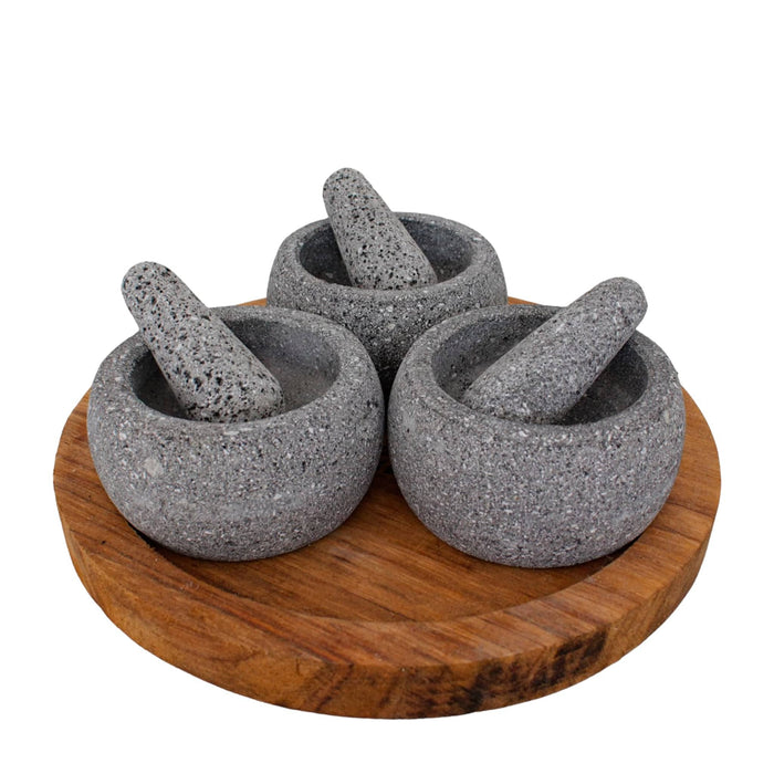 Three Volcanic Stone Salsa Pots with Wooden Base - CEMCUI