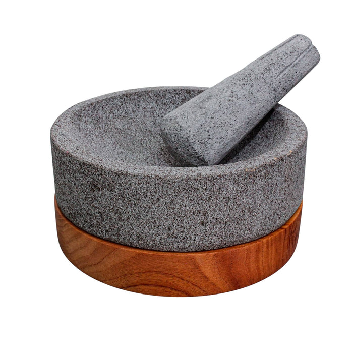 Molcajete Tlatoani 8 Inches Made of Volcanic Stone with Wood Base 24 Oz