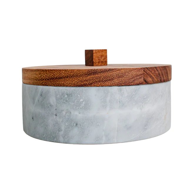 Tortilla Holder "Tortillero" White and Black Marble with Wooden Base 8 Inc - CEMCUI