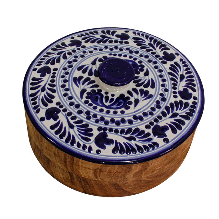Tortillero "Itzia" Wooden Base with Handmade Talavera Lid 7.8 Inches - CEMCUI