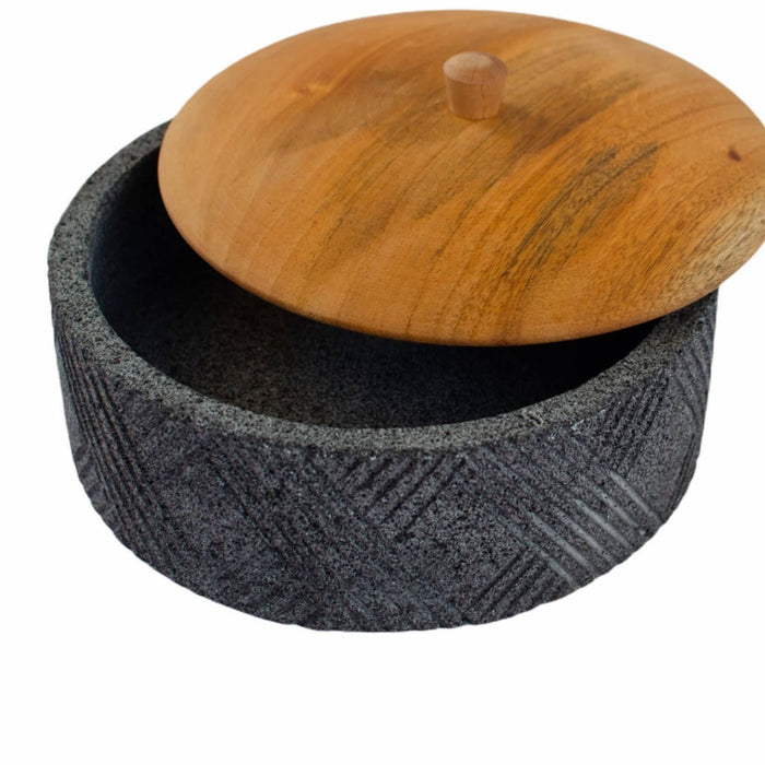 Tortillero "Ketsali" volcanic rock with wooden lid 8.2 inches in diameter - CEMCUI