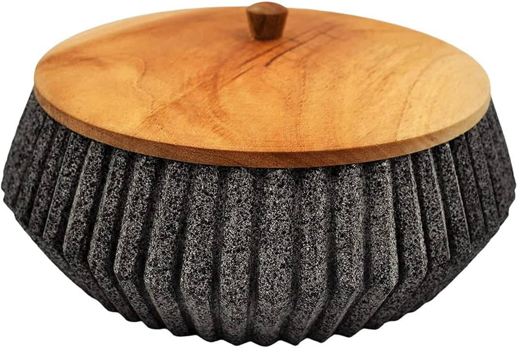 Tortillero Tlachichi 7.9 Inches in Diameter made of volcanic stone with wooden Lid, Tortillera warmer - CEMCUI