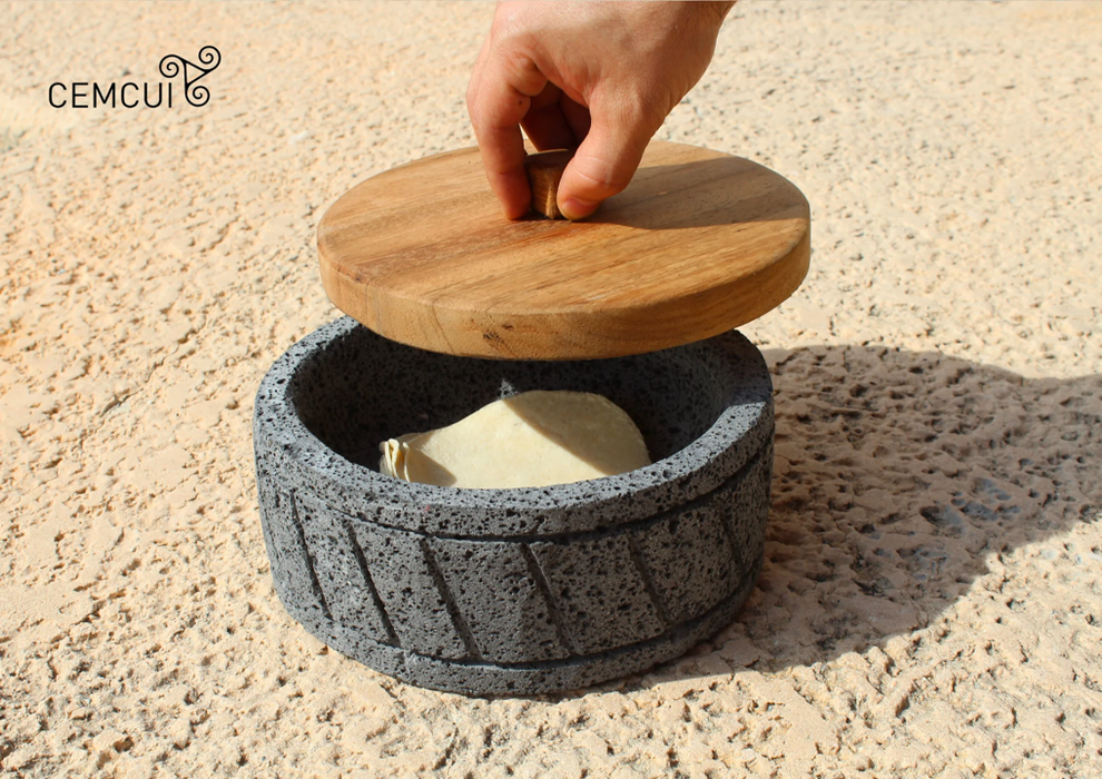Tortillero "Xichua" Volcanic Stone and Wooden Lid 8 inches