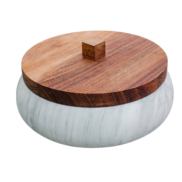 Tortillero made of White marble base and wood lid handmade in Mexico