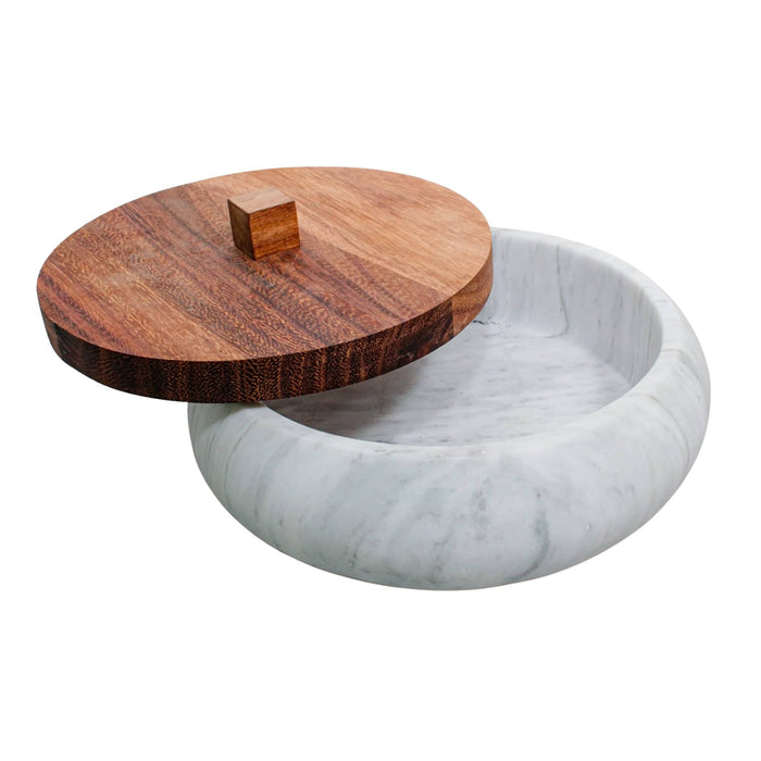 Tortillero made of White marble base and wood lid handmade in Mexico