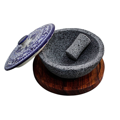 Volcanic Stone Molcajete Bowl with Talavera Lid and Parota Wood Base 8in - CEMCUI