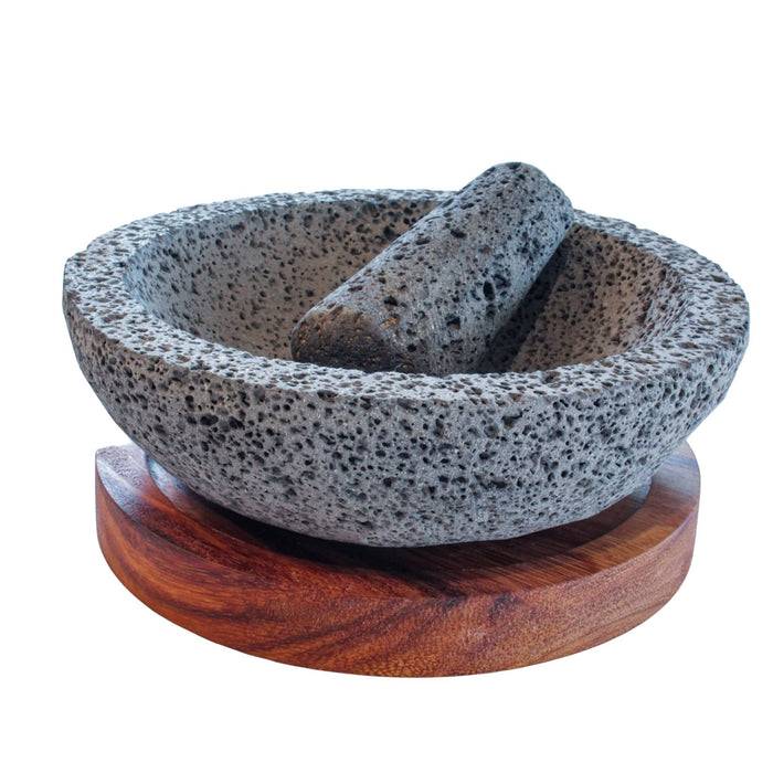 Volcanic Stone Molcajete "Caxitl" Volcanic Stone and Wooden Base 6.6 Inches - CEMCUI