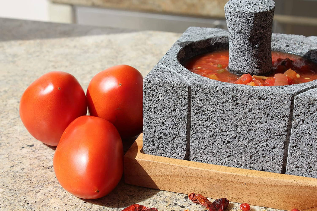 Volcanic Stone Molcajete "Nahui" Squared 7.9 Inches with wooden squared - CEMCUI
