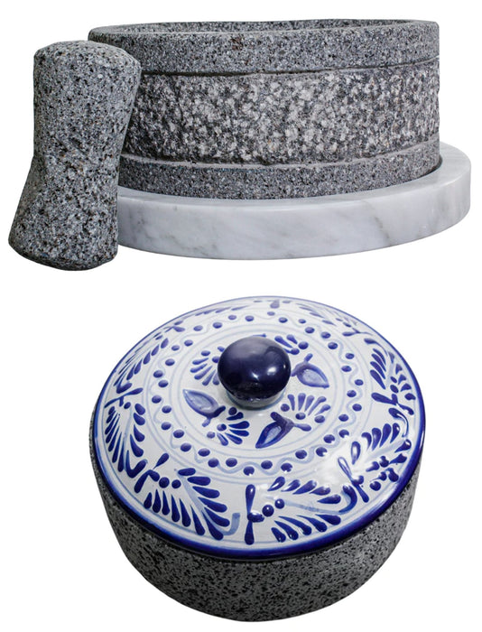 White Marble Yolia Molcajete 8 Inch and Tortillero Teotl 8 Inch with Talavera Lid - CEMCUI
